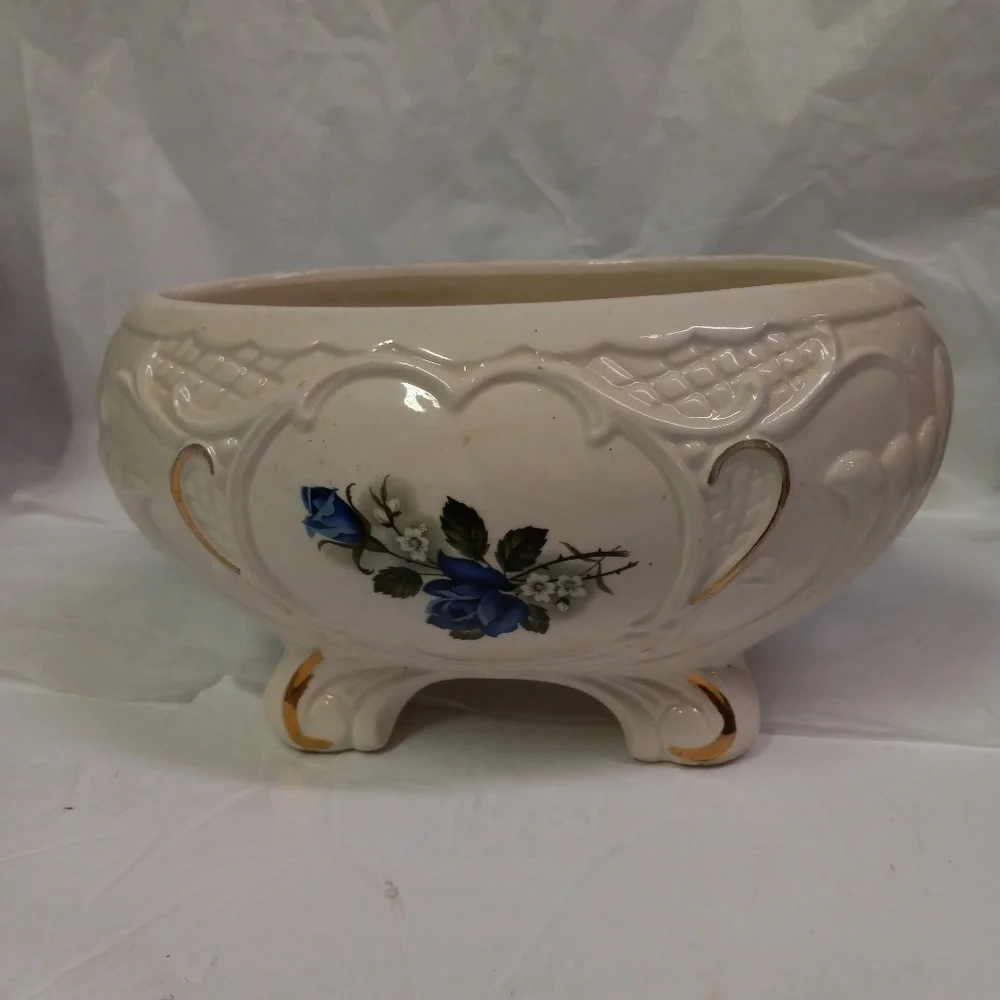 VINTAGE Maurice of California Footed Planter Beige Blue Rose Buffet Table Decor